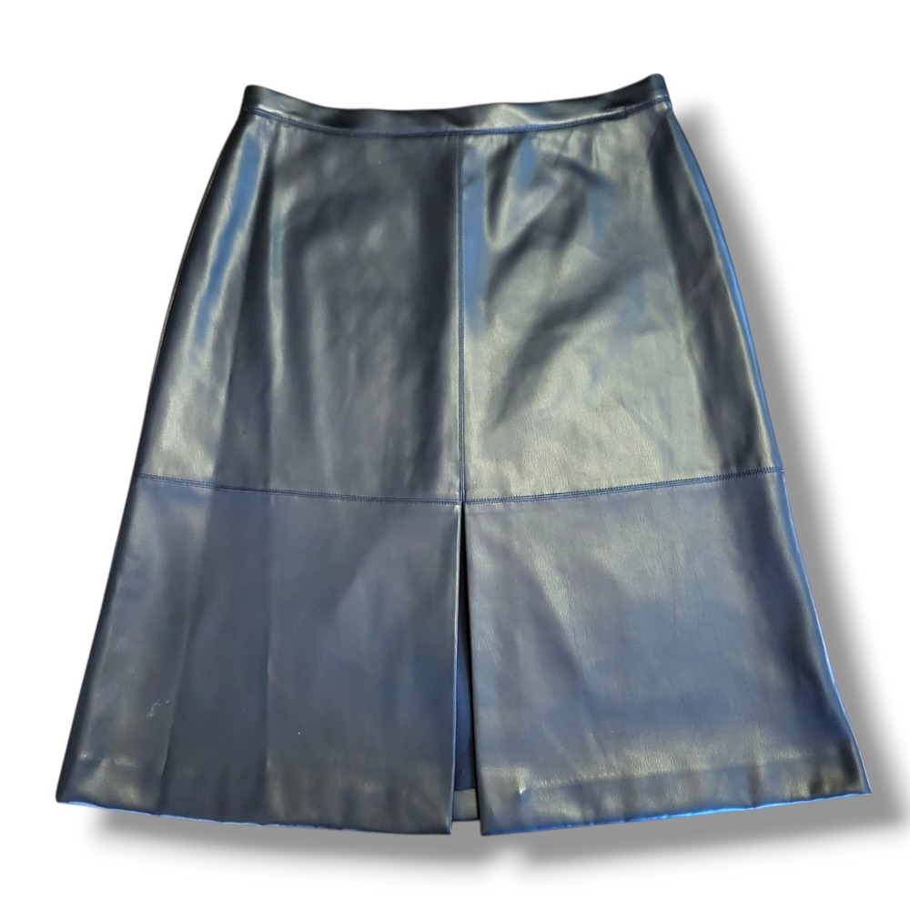 Tahari ASL Womens Size 12 Black Faux Leather Pencil Skirt Front Slit NWT